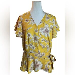 Meraki Woman's Yellow Floral V-Neck Short Sleeve Waist Tie Blouse Size XL NWT